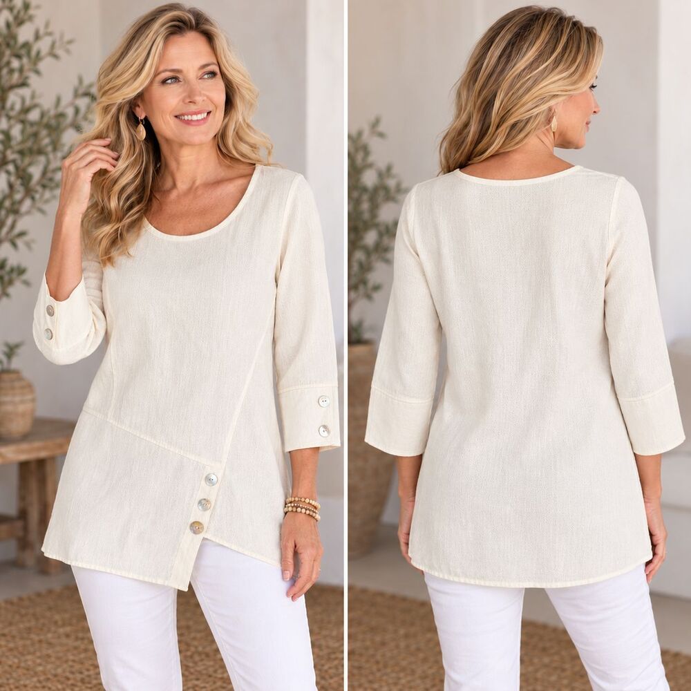 Soft Surroundings Artisan Gauze Tunic Top XS Ivory Cotton Buttons Lagenlook Boho